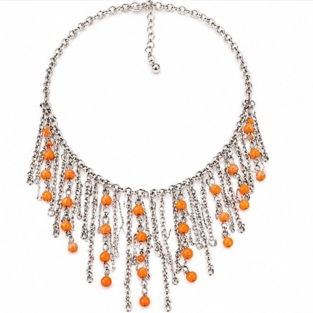 Dangle Chain Necklace Multi Strand Fringe Statement Bib Orange Boho Chic